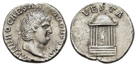 Nero (54-68). Replica of AR Denarius (17mm, 3.40g). Rome. Laureate head r. R/ Hexastyle temple of Vesta with domed roof, on podium of four steps; with...