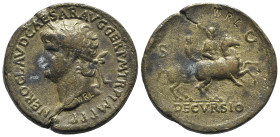 Nero (54-68). Replica of Æ Sestertius (36mm, 25.53g, 6h). Laureate head l., globe at point of neck. R/ Nero on horseback riding r., holding spear; beh...