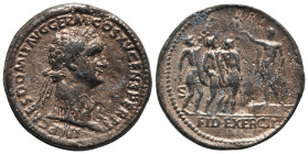 Domitian (81-96). Replica of Æ Sestertius or As (35mm, 15.25g, 6h). Laureate head r. R/ Emperor standing l., addressing three soldiers. Replica made b...