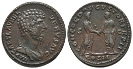 Lucius Verus (161-169). Replica of Æ Sestertius (33mm, 21.30g, 6h). Laureate head r. R/ Marcus Aurelius standing r., holding volumen and Lucius Verus ...