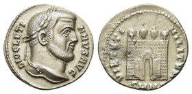 Diocletian (284-305). Replica of AR Argenteus (17mm, 3.20g), Nicomedia. Laureate head r. R/ Campgate with four turrets. Modern replica for study.