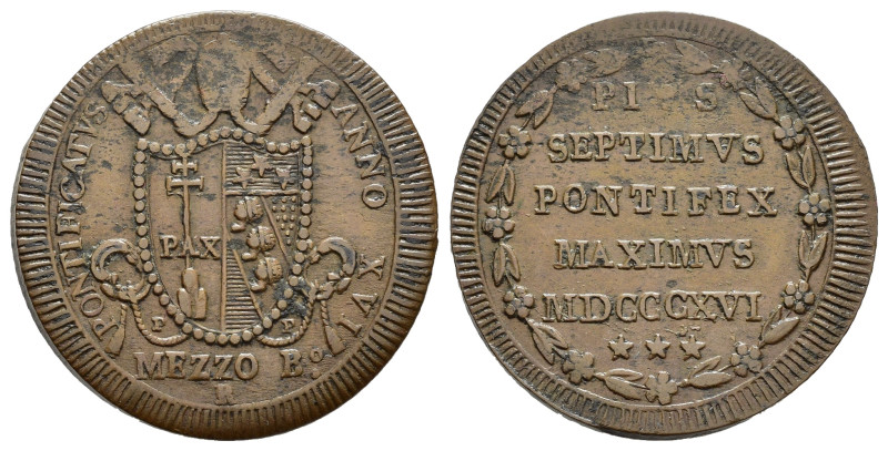 ROMA. Stato Pontificio. Pio VII (1800-1823). 1/2 baiocco 1816. Cu (6,09 g). BB+