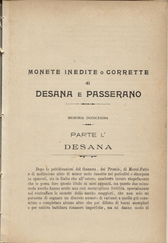 GRILLO G. - Monete inedite o corrette di Desana e Passerano. Milano, 1907. pp. 1...