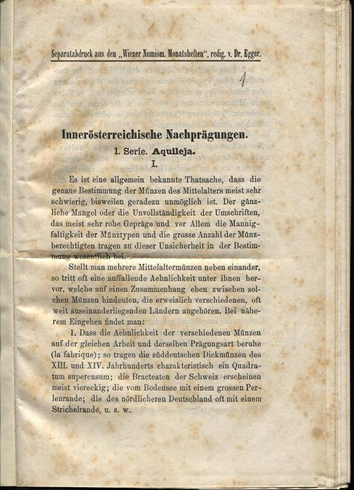 LUSCHIN Arnold. Innerosterreichische Nachpragung Aquileja. 4 complete parts, tie...