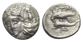 Moesia Inferior. Istros.

 Trihemiobol (Silber). Ca. 313 - 280 v. Chr.
Vs: Zwei jugendliche, männliche Köpfe nebeneinander en face, der rechte umge...