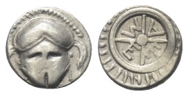 Thrakien. Mesembria.

 Diobol (Silber). Ca. 420 - 320 v. Chr.
Vs: Korinthischer Helm en face.
Rs: META in vierspeichigem Rad, das von einem Strich...
