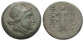 Thrakien. Mesembria.

 Bronze. Ca. 175 - 100 v. Chr.
Vs: Kopf des Apollon mit Diadem rechts.
Rs: Athena Promachos mit Schild und Lanze nach links ...