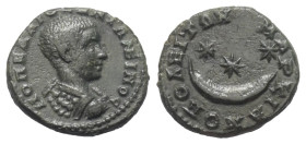 Moesia Inferior. Markianopolis. Diadumenianus als Caesar (217 - 218 n. Chr.).

 Bronze.
Vs: Büste mit Panzer rechts.
Rs: Drei Sterne über Mondsich...