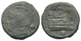 Anonyme Prägungen.

 Uncia (Bronze). 217 - 215 v. Chr. Rom.
Vs: Kopf der Roma mit attischem Helm links, dahinter Kugel.
Rs: ROMA. Schiffsprora rec...