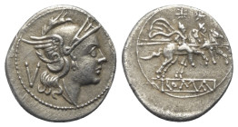 Anonyme Prägungen.

 Quinar (Silber). 211 - 208 v. Chr. Rom.
Vs: Kopf der Roma mit geflügeltem Helm rechts, dahinter Wertzeichen V.
Rs: ROMA. Die ...