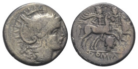 Anonyme Prägungen.

 Denar (Silber). 206 - 200 v. Chr. Unbekannt.
Vs: Kopf der Roma mit geflügeltem Helm rechts, dahinter Wertzeichen.
Rs: ROMA. D...