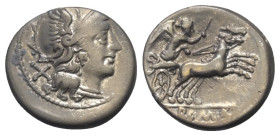Anonyme Prägungen.

 Didrachmon bzw. Quadrigatus (Silber). 157 - 156 v. Chr. Rom.
Vs: Kopf der Roma mit geflügeltem Helm rechts, dahinter Wertzeich...