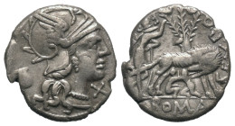 Sex. Pompeius Faustulus.

 Denar (Silber). 137 v. Chr. Rom.
Vs: Kopf der Roma mit geflügeltem Helm rechts, dahinter Krug, davor X.
Rs: SEX PO FOST...