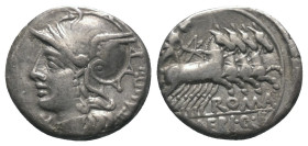 M. Baebius Tampilus.

 Denar (Silber). 137 v. Chr. Rom.
Vs: TAMPIL. Kopf der Roma mit geflügeltem Helm links, davor Wertzeichen.
Rs: ROMA / M BAEB...