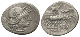 L. Minucius.

 Denar (Silber). 133 v. Chr. Rom.
Vs: Kopf der Roma mit geflügeltem Helm rechts, dahinter Wertzeichen.
Rs: ROMA / L MINVCI. Jupiter ...