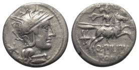 Q. Marcius Philippus.

 Denar (Silber). 129 v. Chr. Rom.
Vs: Kopf der Roma mit geflügeltem Helm rechts, dahinter Wertzeichen.
Rs: Q PILIPVS / ROMA...