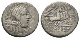 M. Fannius.

 Denar (Silber). 123 v. Chr. Rom.
Vs: ROMA. Kopf der Roma mit geflügeltem Helm rechts, davor Wertzeichen.
Rs: M FAN C F. Victoria mit...