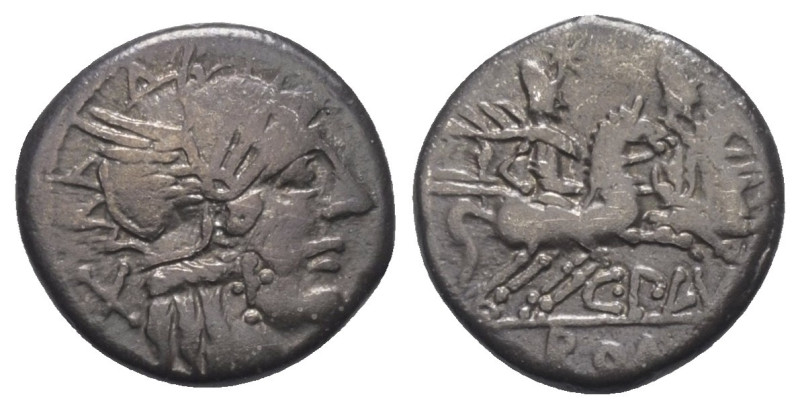 C. Plautius.

 Denar (Silber). 121 v. Chr. Rom.
Vs: Kopf der Roma mit geflüge...