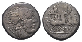 C. Plautius.

 Denar (Silber). 121 v. Chr. Rom.
Vs: Kopf der Roma mit geflügeltem Helm rechts, dahinter Wertzeichen.
Rs: C PLVTI / ROMA. Die Diosk...
