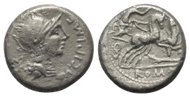 M. Cipius.

 Denar (Silber). 115 - 114 v. Chr. Rom.
Vs: M CIPI M F. Kopf der Roma mit geflügeltem Helm rechts, dahinter Wertzeichen.
Rs: ROMA. Vic...