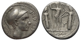 Cn. Blasio.

 Denar (Silber). 112 - 111 v. Chr.
Vs: CN BLASIO CN F. Kopf des Mars mit korinthischem Helm rechts, darüber Wertzeichen; im Feld links...