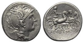 Appius Claudius Pulcher mit T. Manlius Mancinus und Q. Urbinius.

 Denar (Silber). 111 oder 110 v. Chr. Rom.
Vs: Kopf der Roma mit geflügeltem Helm...