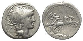 C. Claudius Pulcher.

 Denar (Silber). 110 oder 109 v. Chr. Rom.
Vs: Kopf der Roma mit geflügeltem Greifenkopfhelm rechts.
Rs: C PVLCHER. Victoria...