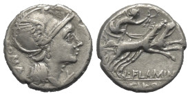 L. Flaminius Chilo.

 Denar (Silber). 109 oder 108 v. Chr. Rom.
Vs: ROMA. Kopf der Roma mit geflügeltem Helm rechts, davor Wertzeichen.
Rs: L FLAM...