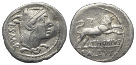 L. Thorius Balbus.

 Denar (Silber). 105 v. Chr. Rom.
Vs: Kopf der Juno Sospita mit Ziegenfellkappe rechts, dahinter I S M R.
Rs: L THORIVS / BALB...