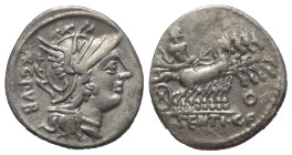 L. Sentius.

 Denar (Silber). 101 v. Chr. Rom.
Vs: ARG PVB. Kopf der Roma mit geflügeltem Greifenkopfhelm rechts.
Rs: L SENTI C F. Jupiter mit Sze...