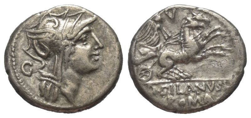 D. Iunius Silanus.

 Denar (Silber). 91 v. Chr. Rom.
Vs: Kopf der Roma mit ge...