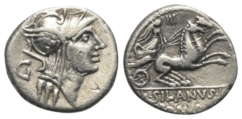 D. Iunius Silanus.

 Denar (Silber). 91 v. Chr. Rom.
Vs: Kopf der Roma mit ge...