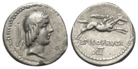 L. Calpurnius Piso Frugi.

 Denar (Silber). 90 v. Chr. Rom.
Vs: Kopf des Apollo mit Lorbeerkranz rechts, links davon Kontrollzeichen.
Rs: L PISO F...