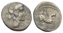 Q. Titius.

 Denar (Silber). 90 v. Chr. Rom.
Vs: Kopf des Bacchus (Liber) mit Efeukranz rechts.
Rs: Pegasus nach rechts springend, darunter Basis ...