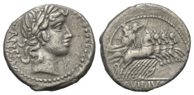 C. Vibius Pansa.

 Denar (Silber). 90 v. Chr. Rom.
Vs: PANSA. Kopf des Apollo mit Lorbeerkranz rechts, davor Kontrollmarke.
Rs: C VIBIVS C F. Mine...