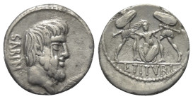 L. Titurius Sabinus.

 Denar (Silber). 89 v. Chr. Rom.
Vs: SABIN. Kopf des Sabinerkönigs Titus Tatius rechts, davor Palmzweig.
Rs: Ermordung der T...