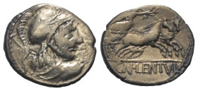 Cn. Lentulus Clodianus.

 Denar (Silber). 88 v. Chr. Rom.
Vs: Büste des Mars mit korinthischem Helm von hinten gesehen, Kopf nach rechts, über der ...