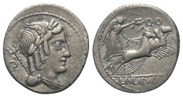 L. Iulius Bursio.

 Denar (Silber). 85 v. Chr. Rom.
Vs: Drapierte Büste des Apollo Veiovis mit Flügel, Lorbeerkranz und Dreizack rechts, dahinter B...