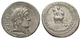 Mn. Fonteius.

 Denar (Silber). 85 v. Chr. Rom.
Vs: MN FONTEI C F. Kopf des Apollo mit Lorbeerkranz rechts, darunter Blitzbündel.
Rs: Cupido auf Z...