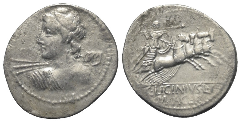 C. Licinius Macer.

 Denar (Silber). 84 v. Chr. Rom.
Vs: Büste des Apollo mit...