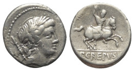 P. Crepusius.

 Denar (Silber). 82 v. Chr. Rom.
Vs: Kopf des Apollo mit Lorbeerkranz rechts, dahinter Szepter.
Rs: P CREPVSI. Reiter mit Lanze nac...