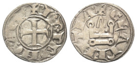 Achaia - Fürstentum. Karl I. (1278 - 1285).

 Denar (Silber).
Vs: + K R PRINC' ACh. Kreuz.
Rs: + CLARENTIA. Stilisiertes Kastell.

18 mm. 0,87 g...