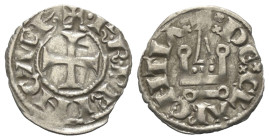 Achaia - Fürstentum. Karl II. (1285 - 1289).

 Denar (Silber).
Vs: + K R PRINC' ACh. Kreuz.
Rs: + DE CLARENTIA. Stilisiertes Kastell.

19 mm. 0,...