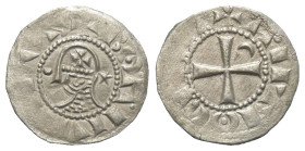Antiochia - Fürstentum. Bohemund III. (1163 - 1201).

 Denar (Silber).
Vs: Helmbüste im Harnisch links.
Rs: Kreuz, im ersten Quadranten Halbmond....