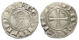 Antiochia - Fürstentum. Bohemund III. (1163 - 1201).

 Denar (Silber).
Vs: Helmbüste im Harnisch links.
Rs: Kreuz, im ersten Quadranten Halbmond....