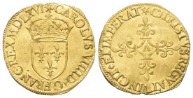 Frankreich. Königreich. Karl IX. (1560 - 1574).

 Ecu d'or au soleil (Gold). 1566 A. Paris.
Vs: CAROLVS VIIII D G FRANC REX MDLXVI. Bekröntes Wappe...