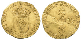 Frankreich. Königreich. Karl IX. (1560 - 1574).

 Ecu d'or au soleil (Gold). 1567 B. Rouen.
Vs: CAROLVS VIIII D G FRANC REX MDLXVI. Bekröntes Wappe...