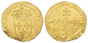 Frankreich. Königreich. Karl IX. (1560 - 1574).

 Ecu d'or au soleil (Gold). 1571 B. Rouen.
Vs: CAROLVS VIIII D G FRANCORVM REX. Bekröntes Wappen, ...