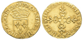 Frankreich. Königreich. Heinrich III. (1574 - 1589).

 Ecu d'or au soleil (Gold). 1589 K. Bordeaux.
Vs: HENRICVS III D G FRAN ET POL REX 1589 K. Be...