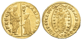 Italien. Venedig. Marino Grimani (1595 - 1605).

 Zecchino (Gold). Ohne Jahr.
Vs: Knieender Doge empfängt Banner von Heiligem Markus. MARIN GRIM DV...